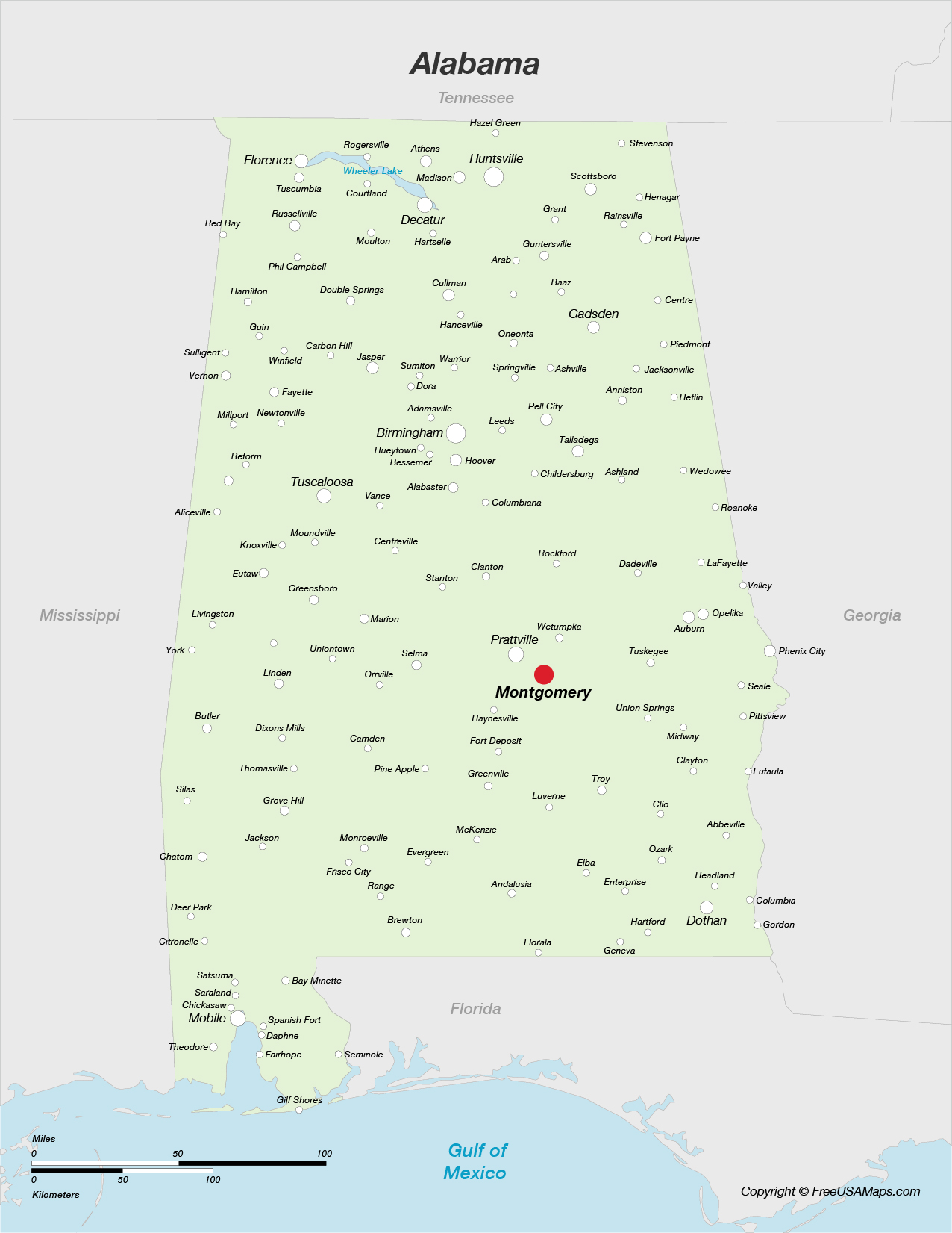 Map of Alabama with Cities