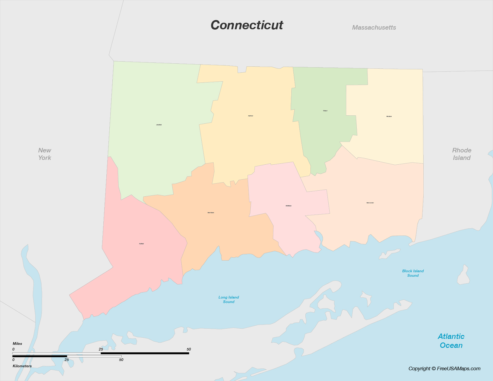 Map of Connecticut with Counties