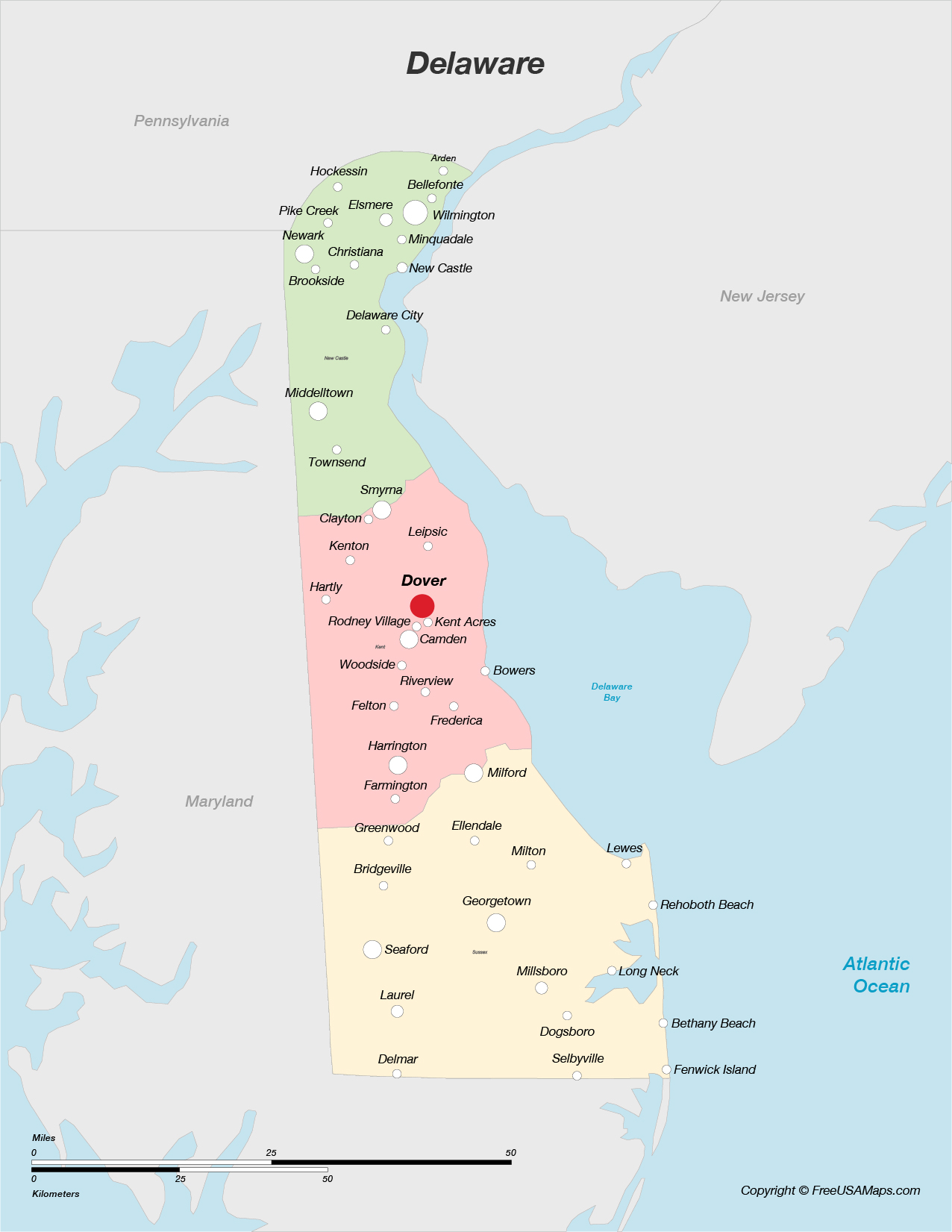 Map of Delaware with Counties and Cities