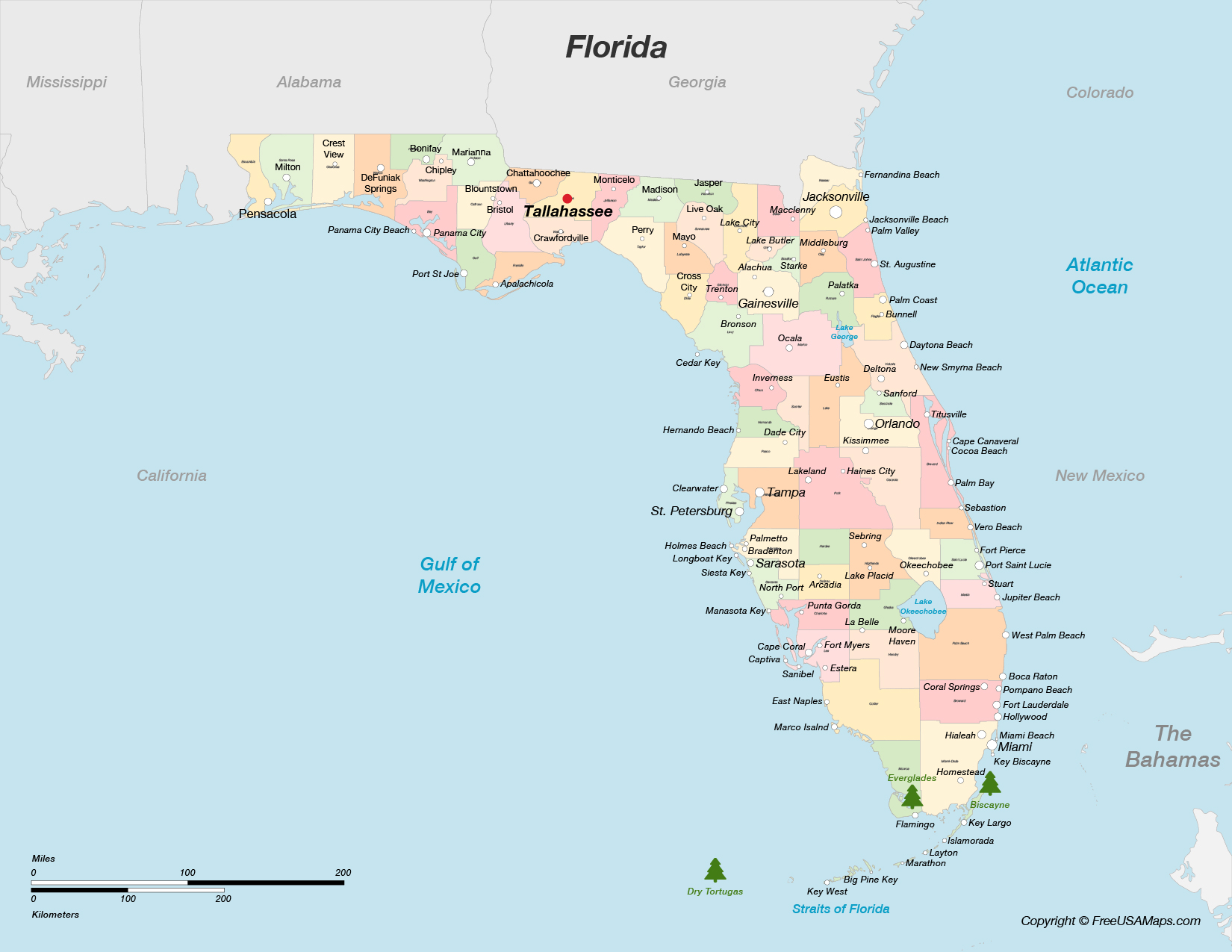 Map of Florida with Counties and Cities