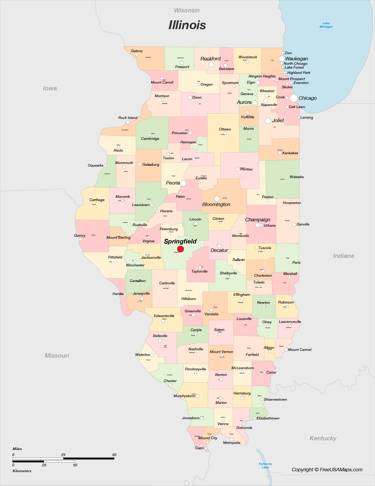 Map of Illinois with Counties and Cities