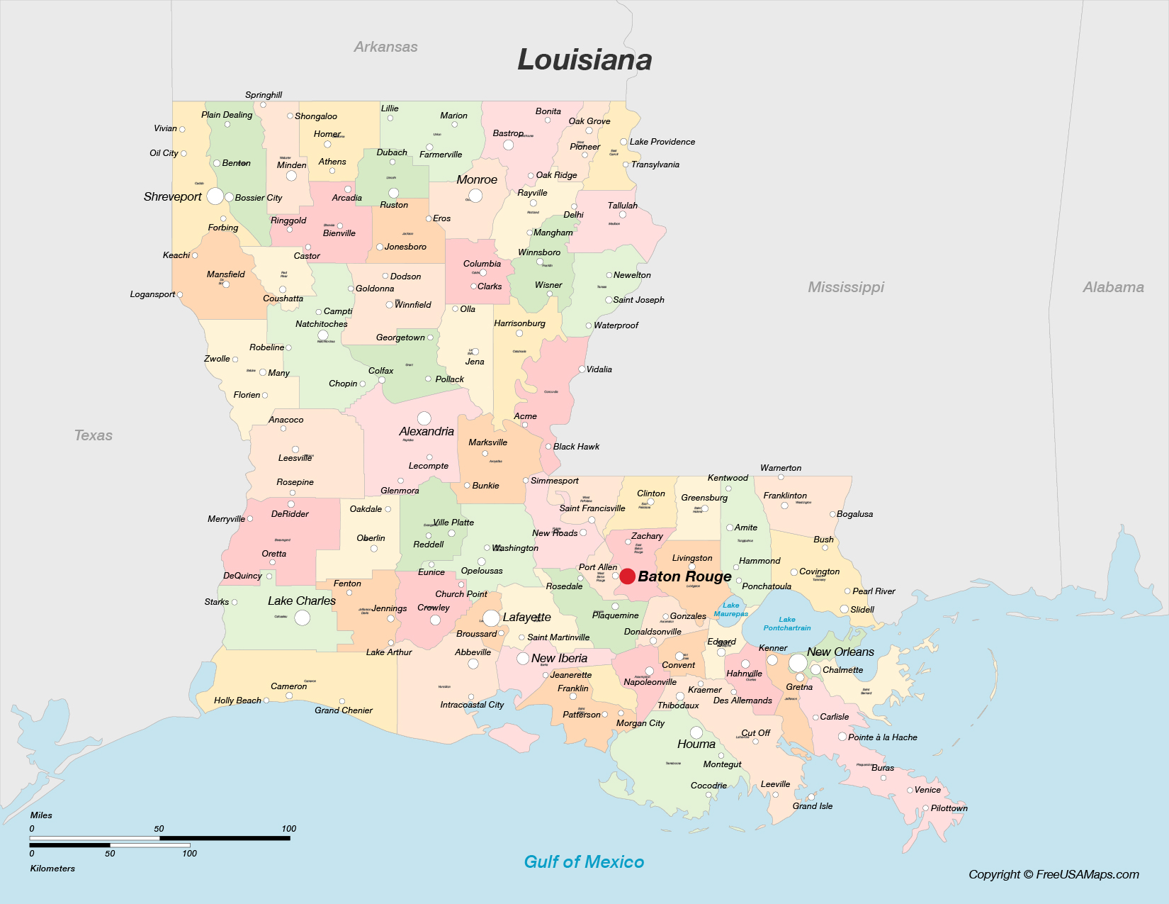 Map of Louisiana with Parishes and Cities