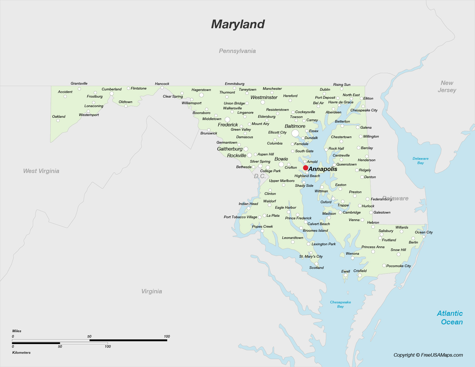 Map of Maryland with Cities