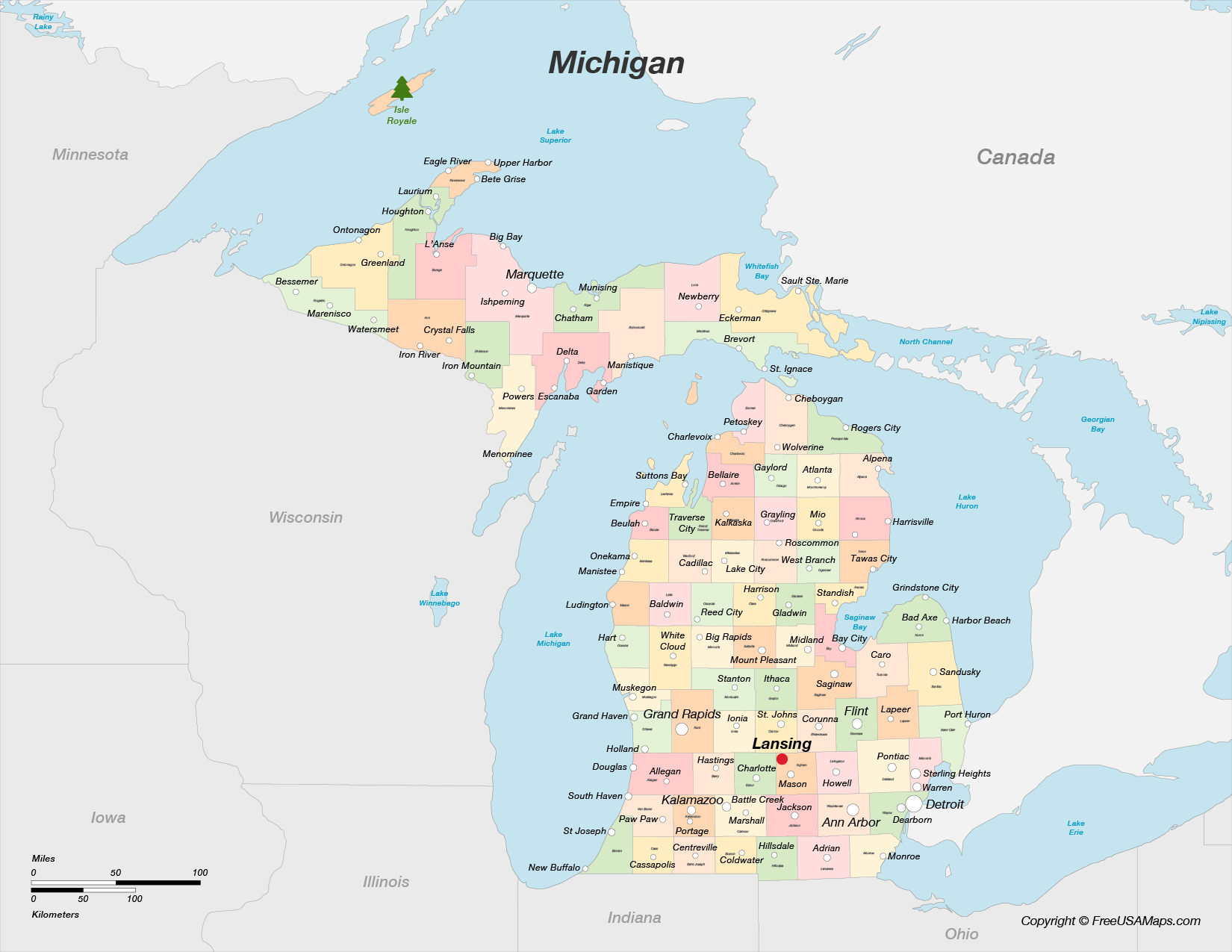 Map of Michigan with Counties and Cities