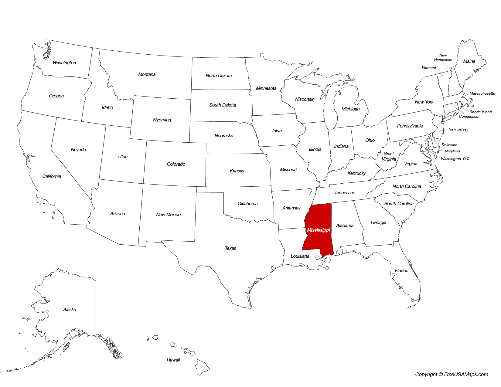 Map of Mississippi Location on the US Map