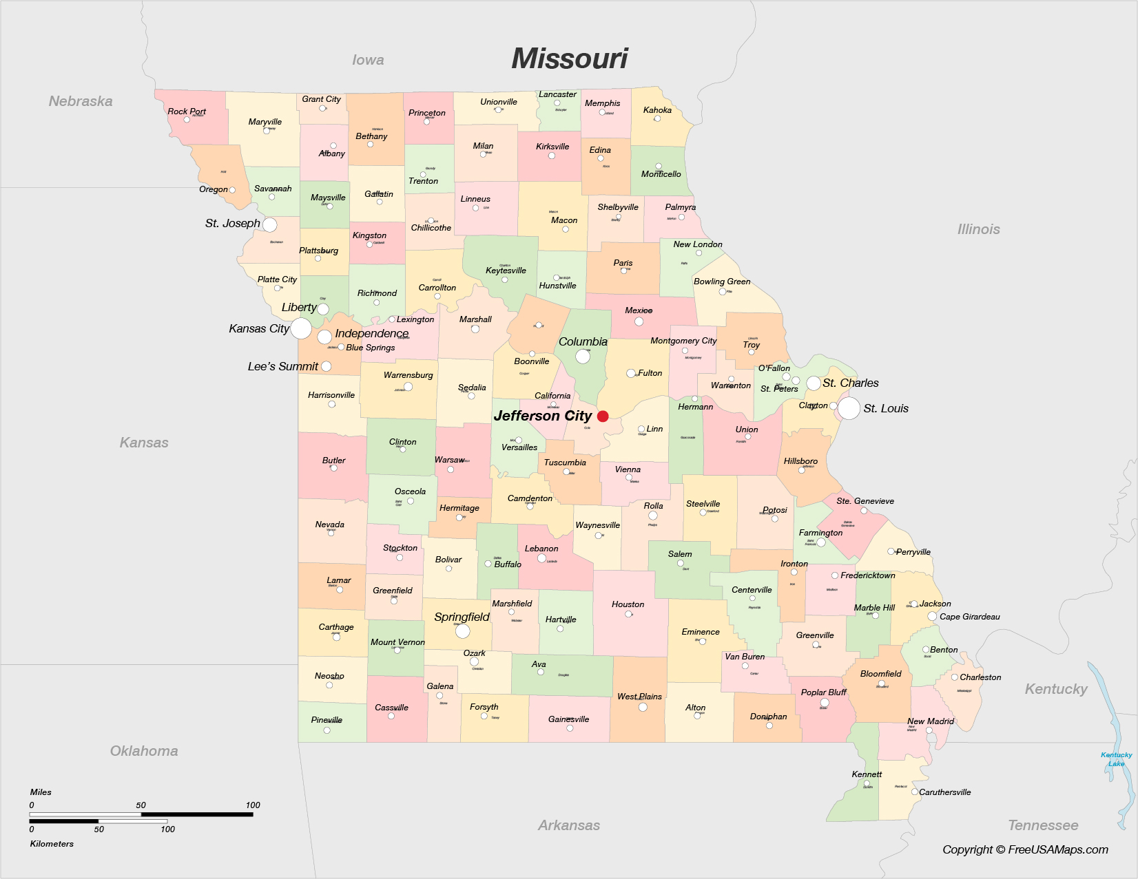 Map of Missouri with Counties and Cities