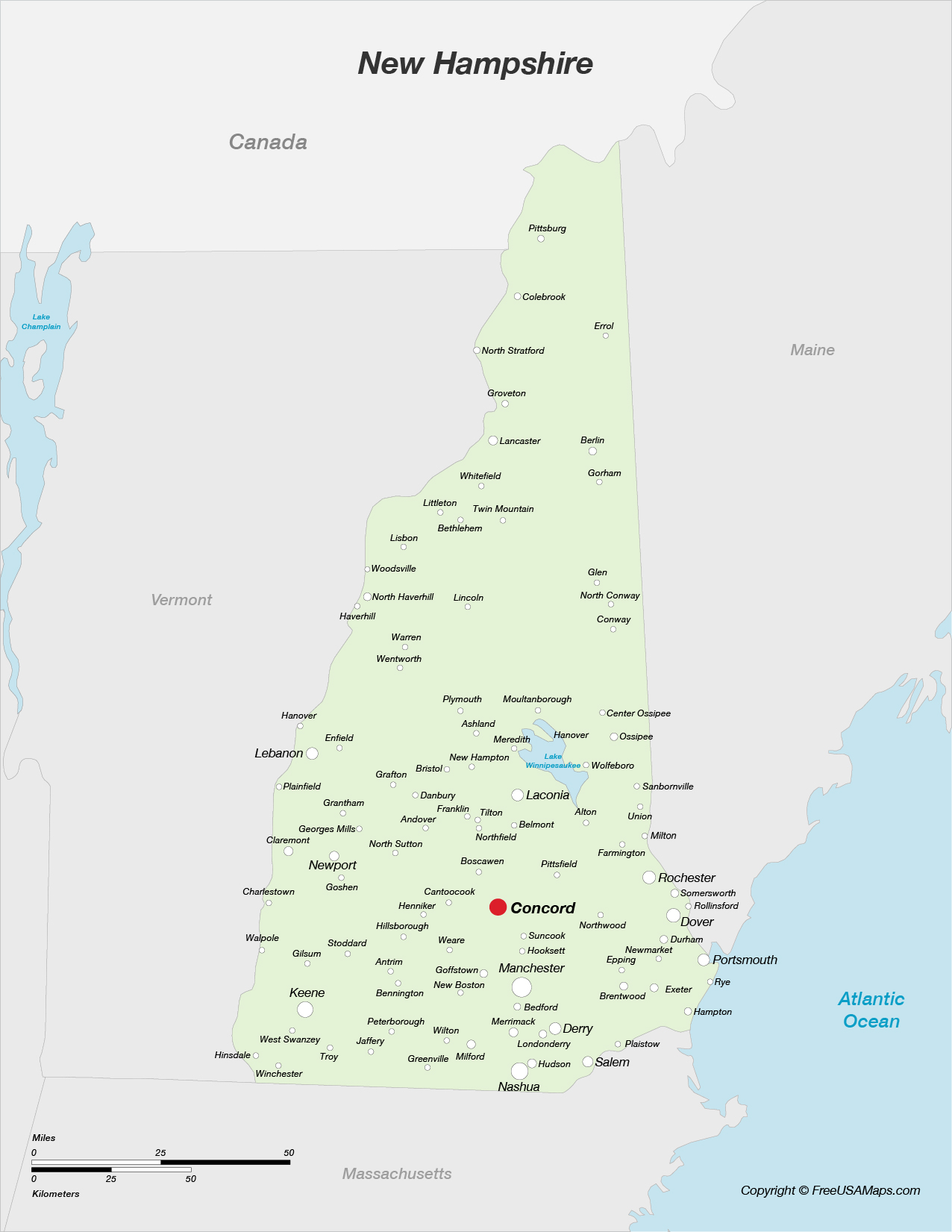 Map of New Hampshire with Cities