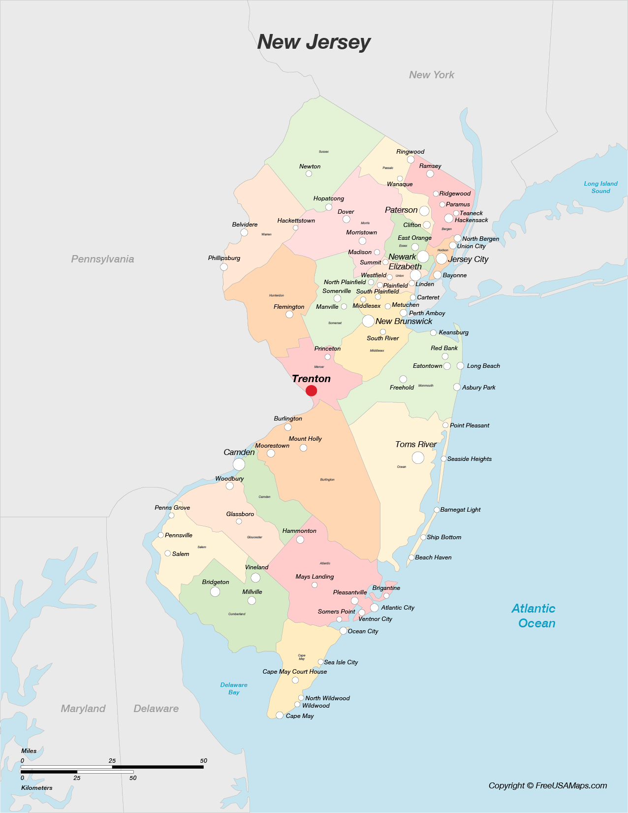 Map of New Jersey with Counties and Cities