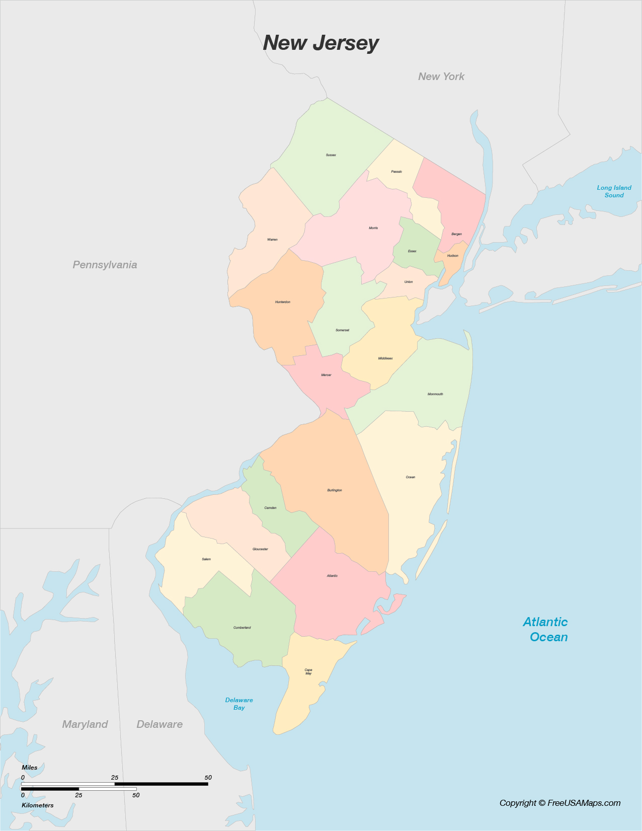 Map of New Jersey with Counties