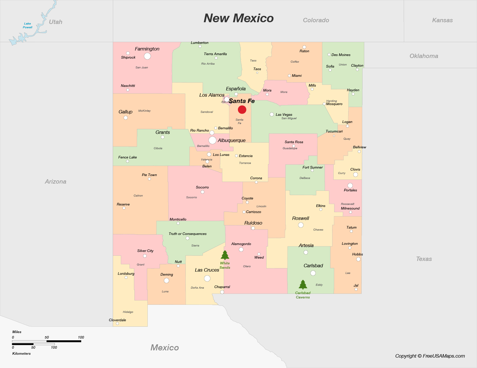 Map of New Mexico with Counties and Cities