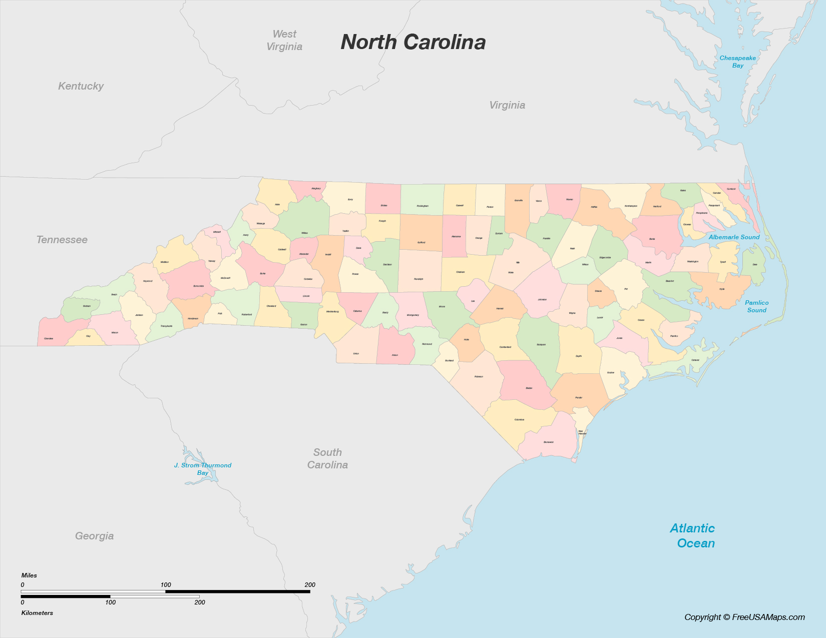 Map of North Carolina with Counties