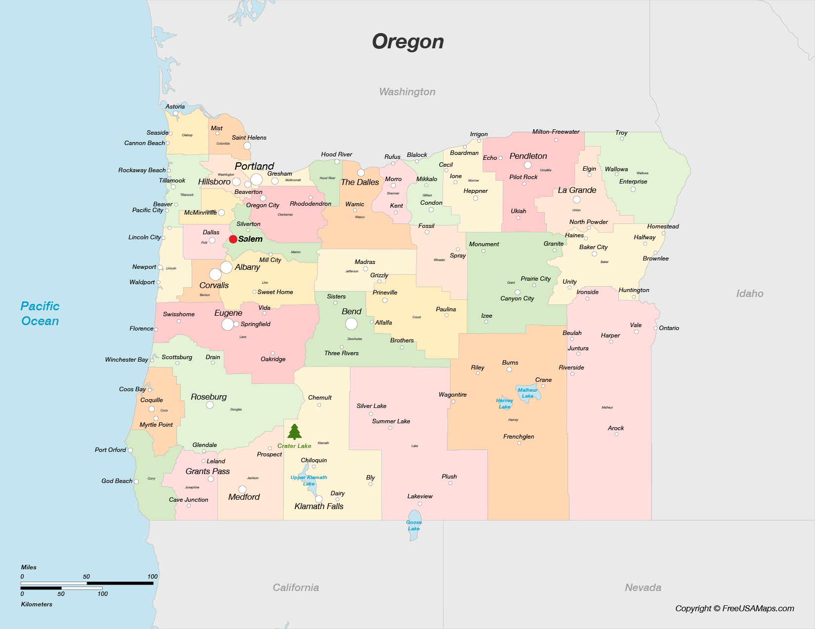 Map of Oregon with Counties and Cities