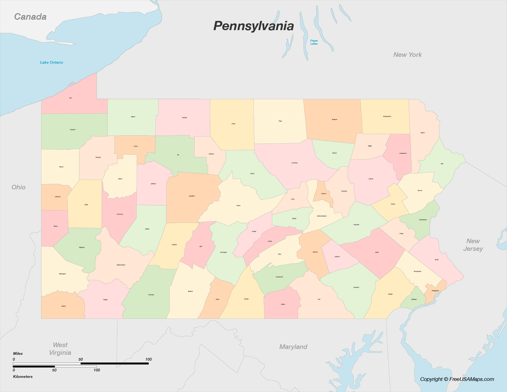 Map of Pennsylvania with Counties