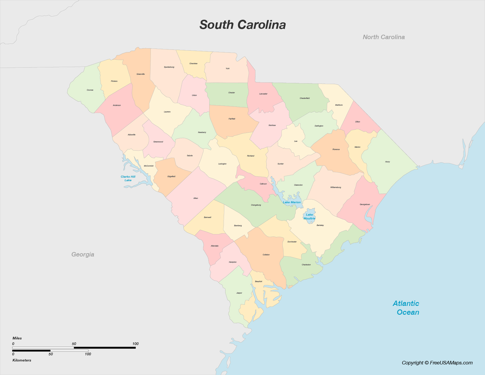 Map of South Carolina with Counties