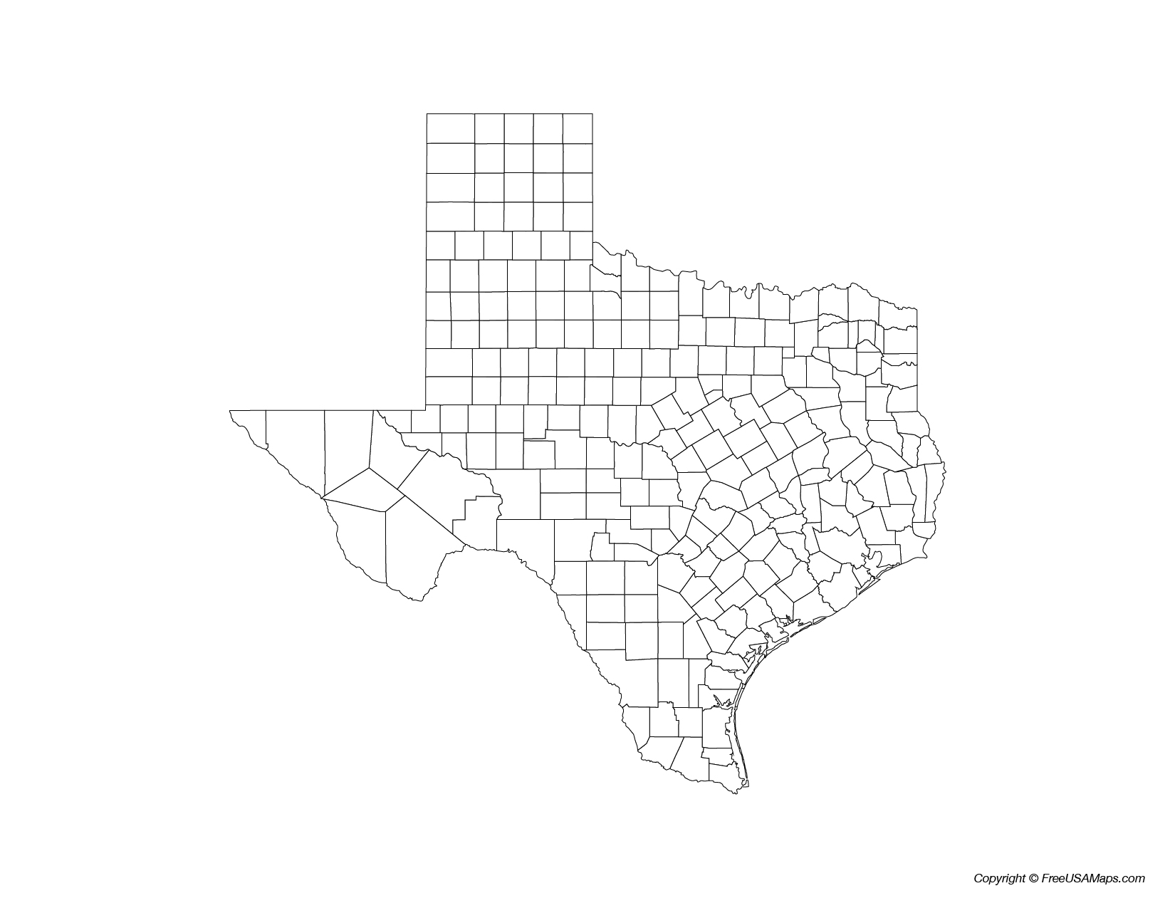 Map of Texas with Counties Outlined