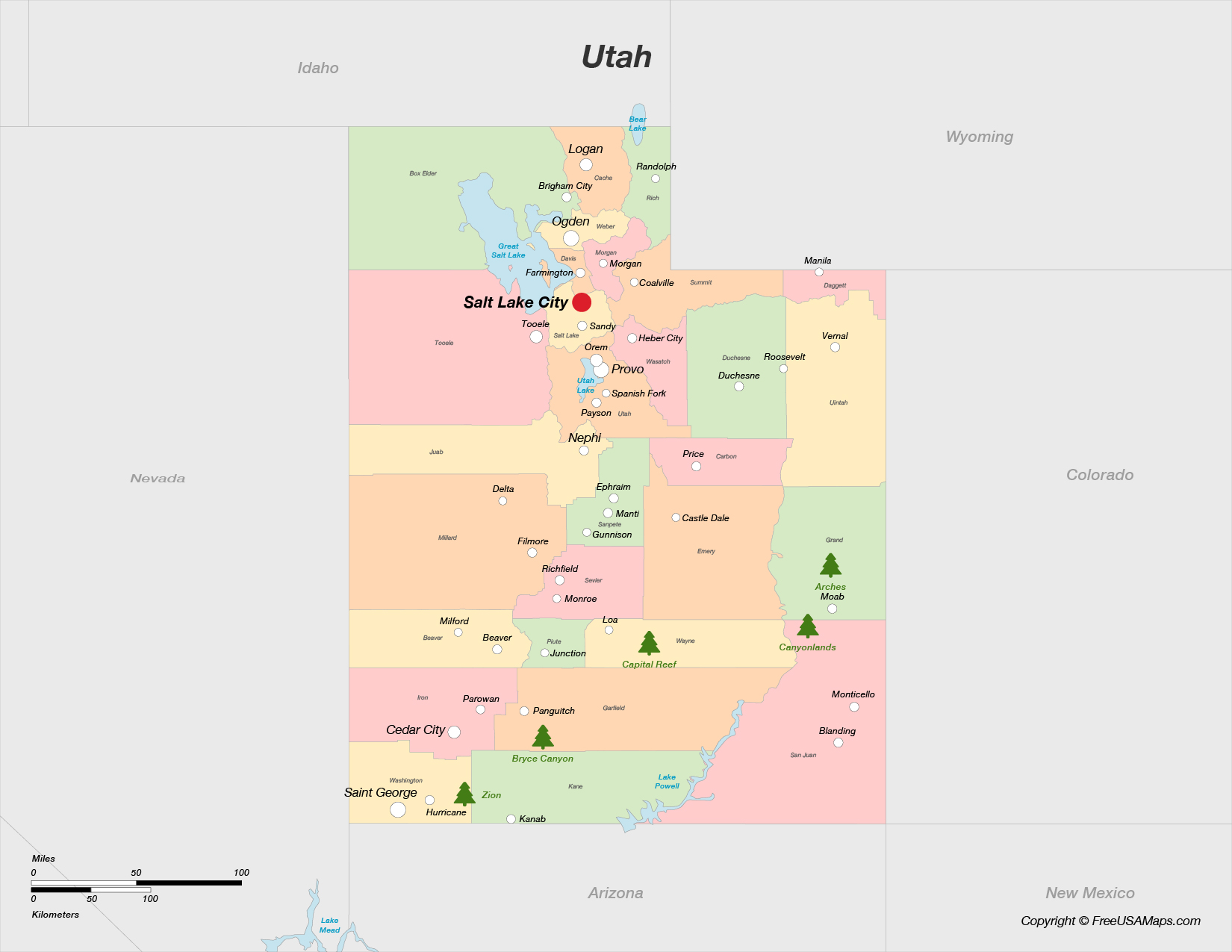 Map of Utah with Counties and Cities