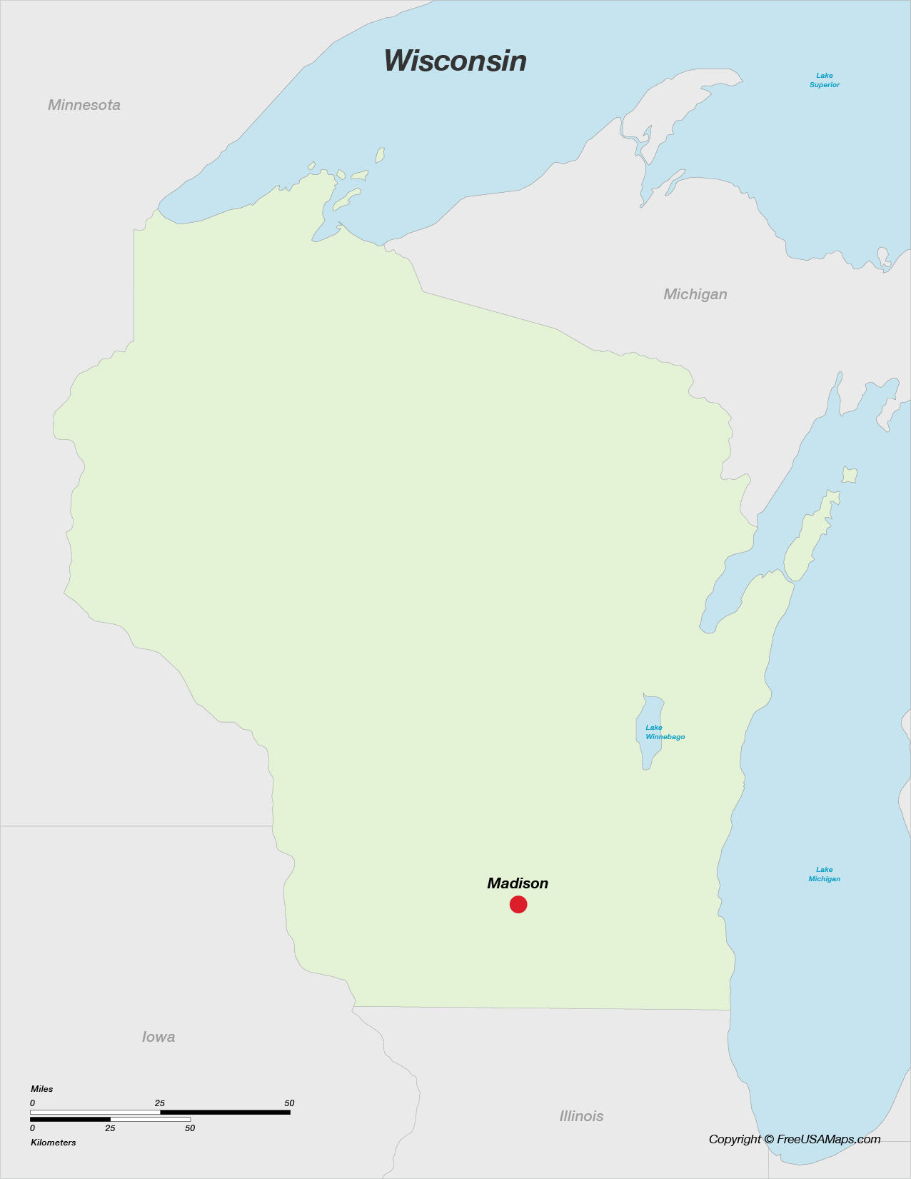 Map of Wisconsin with Capital