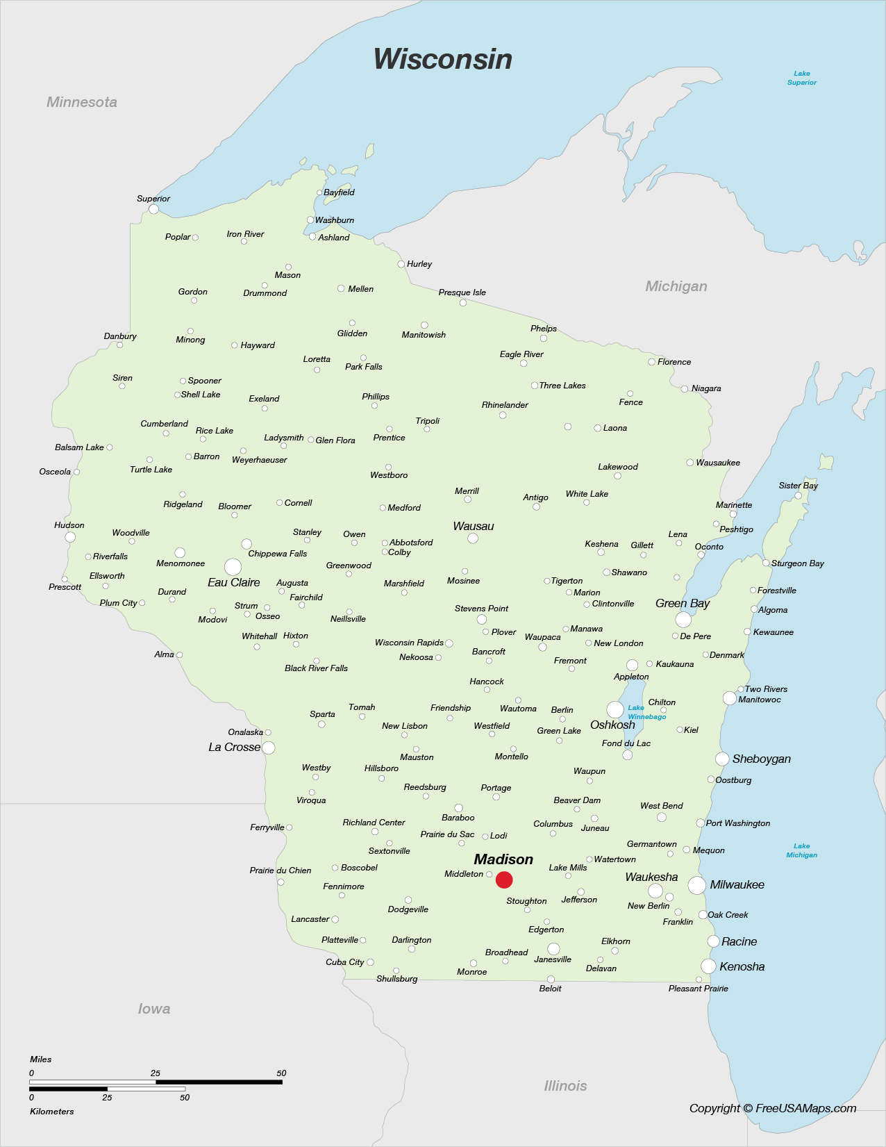 Map of Wisconsin with Cities