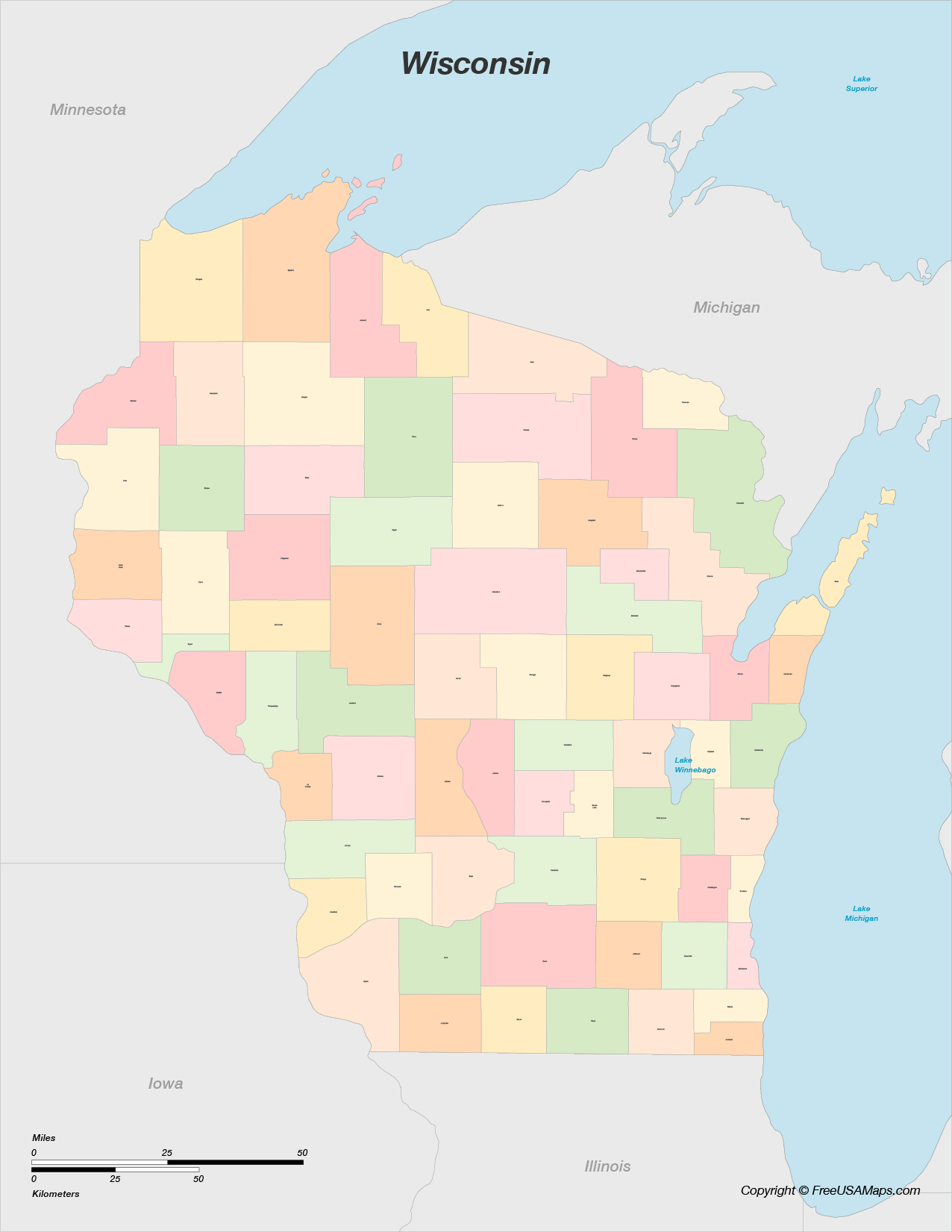 Map of Wisconsin with Counties